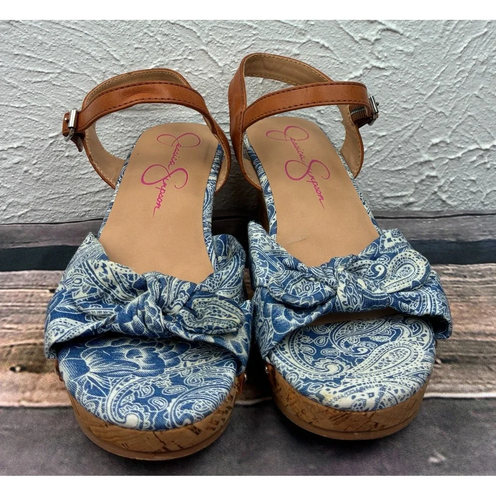 Jessica Simpson Fabiana Wedge Sandals Womens 4M Blue Paisley Bow Cork Platform